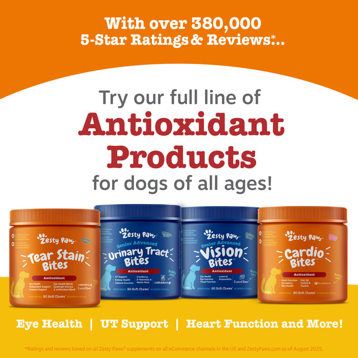 Four dog supplement bottles in orange and blue containers labeled Tear Stain Bites, Urinary Tract Bites, Vision Bites, and Ca
