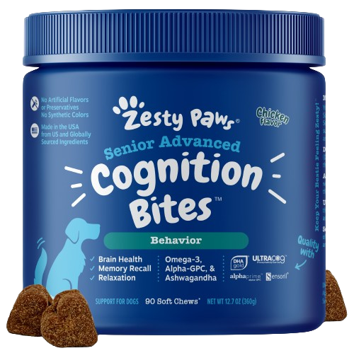 Blue jar of Zesty Paw Senior Advanced Cognition Bites with white text, paw logo, and brown soft chew treats displayed in fron