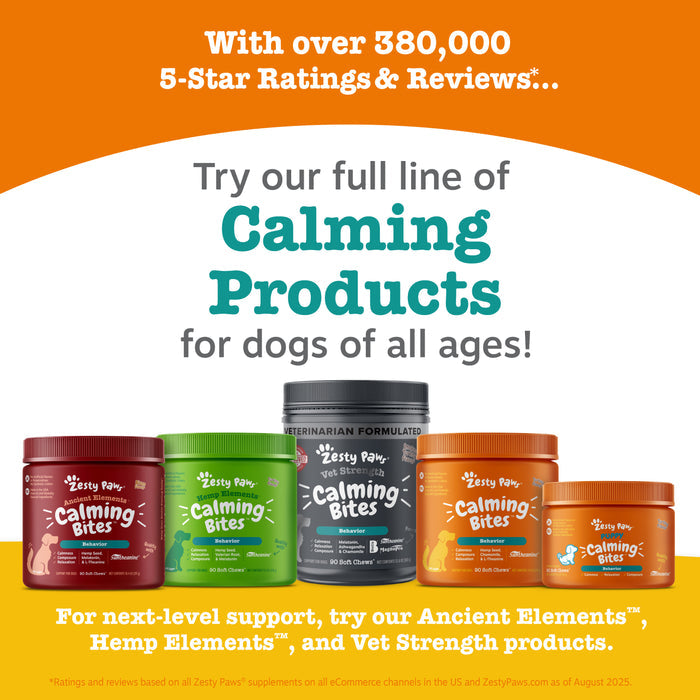Five Zesty Paws Calming Bites bottles in various sizes with red, green, gray, and orange labels arranged in a row.