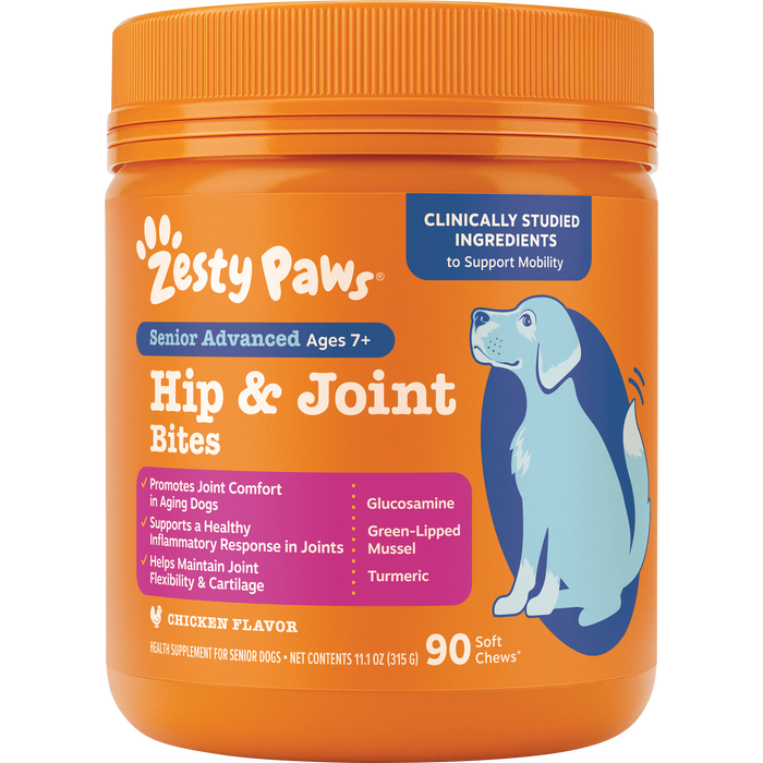Orange Zesty Paws jar of Senior Advanced Hip & Joint Bites for dogs ages 7+, 90 soft chews with chicken flavor.