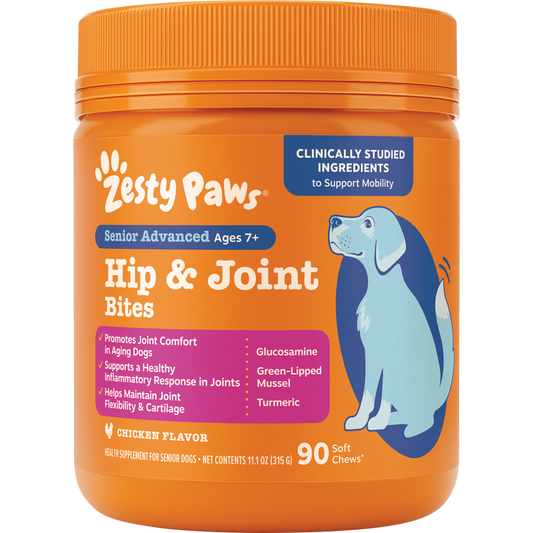 Orange Zesty Paws jar of Senior Advanced Hip & Joint Bites for dogs ages 7+, 90 soft chews with chicken flavor.
