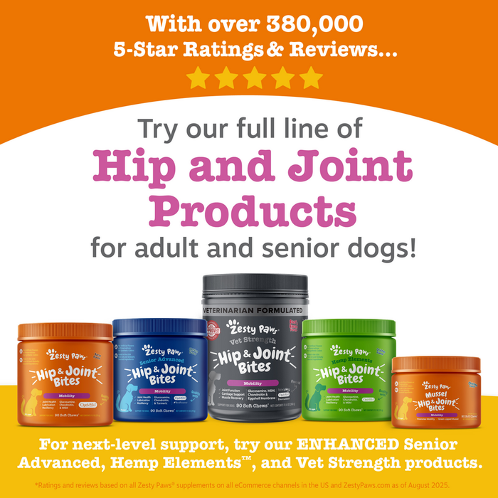 Five dog supplement bottles in orange, blue, gray, green, and orange containers labeled Hip and Joint Bites by Zesty Paws.
