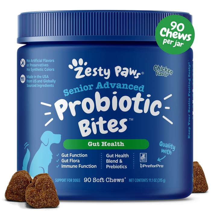 Blue jar of Zesty Paw Senior Advanced Probiotic Bites in chicken flavor with 90 soft chews displayed in front.