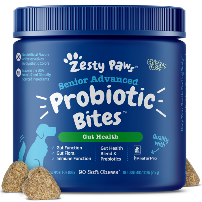 Blue jar of Zesty Paws Senior Advanced Probiotic Bites for dogs with chicken flavor, containing 90 soft chews.