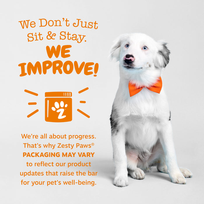 White and gray dog wearing orange bow tie sitting next to orange product container with paw logo.