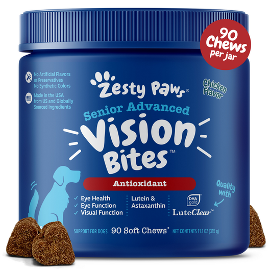 Blue jar of Zesty Paw Senior Advanced Vision Bites with brown soft chews displayed in front.