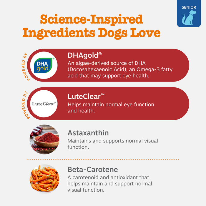 Product packaging showing ingredients DHAgold, LuteClear, Astaxanthin, and Beta-Carotene with descriptions of vision support