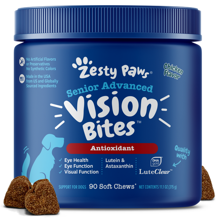 Blue jar of Zesty Paws Senior Advanced Vision Bites soft chews for dogs with brown treats displayed in front.