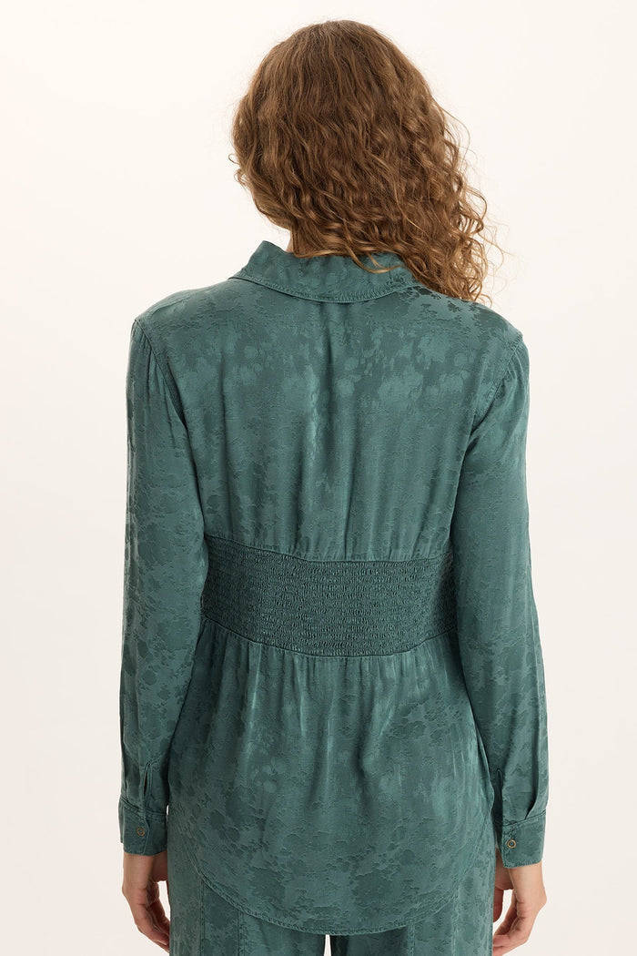 XCVI Senneca Textured Satin Shirred Peplum Button-Up Blouse