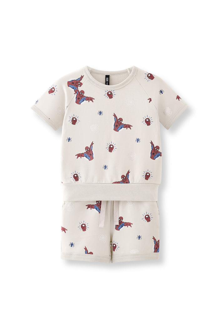 Oat Short Sleeve Jogger Set with Spider-Man print on a white background