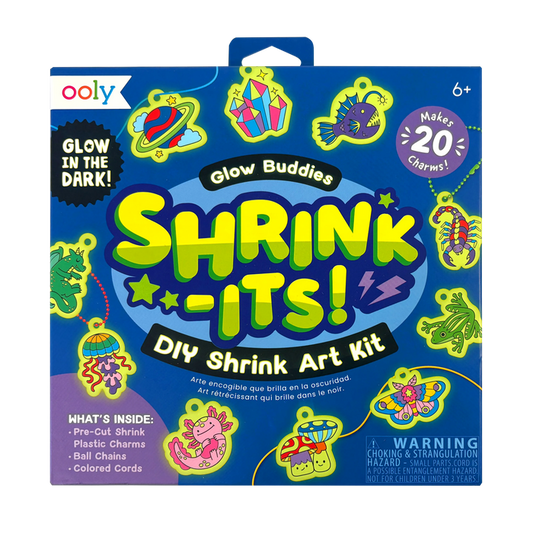 Front of packaging of OOLY Glow Buddies Shrink-Its! DIY Shrink Art Kit