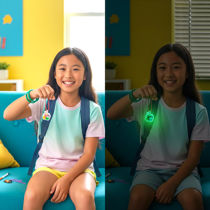 Side-by-side image of girl holding a charm from the OOLY Glow Buddies Shrink-Its! DIY Shrink Art Kit in both a light and a dark room