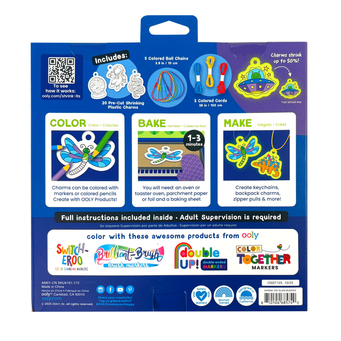 Back of packaging of OOLY Glow Buddies Shrink-Its! DIY Shrink Art Kit