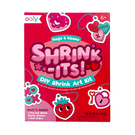 Front of packaging of OOLY Mini Shrink-Its! DIY Shrink Art Kit - Hugs & Kisses