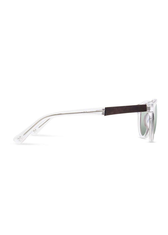 Side view of transparent sunglasses with a black bridge and green-tinted lenses, showcasing sleek, modern design on a white background.