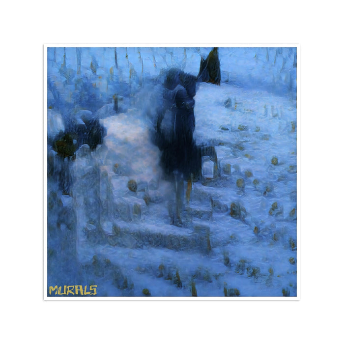 Single art print with yellow text that says MURALS in the bottom left corner. The artwork is a drawing of mountains peeking out through the clouds.