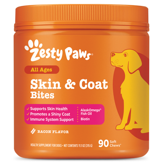 Orange Zesty Paws Skin & Coat Bites jar with yellow dog illustration and bacon flavor label, 90 soft chews.