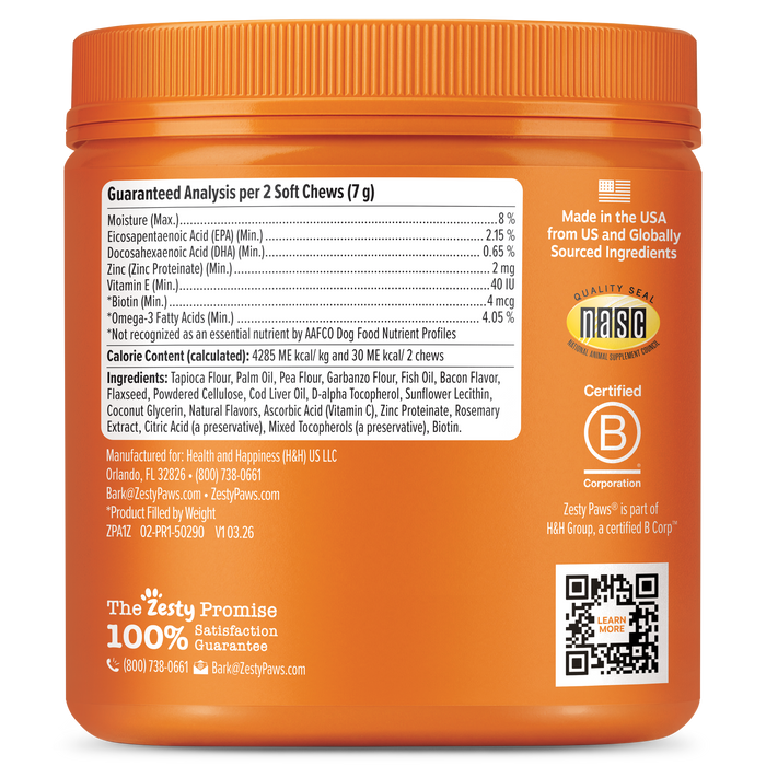 Orange jar of dog soft chew treats with nutrition label, ingredients list, and certification badges on container.