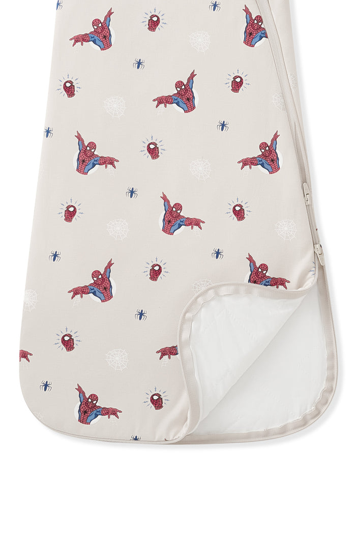 Oat Sleep Bag in Spider-Man 1.0 print with dual zipper on a white background