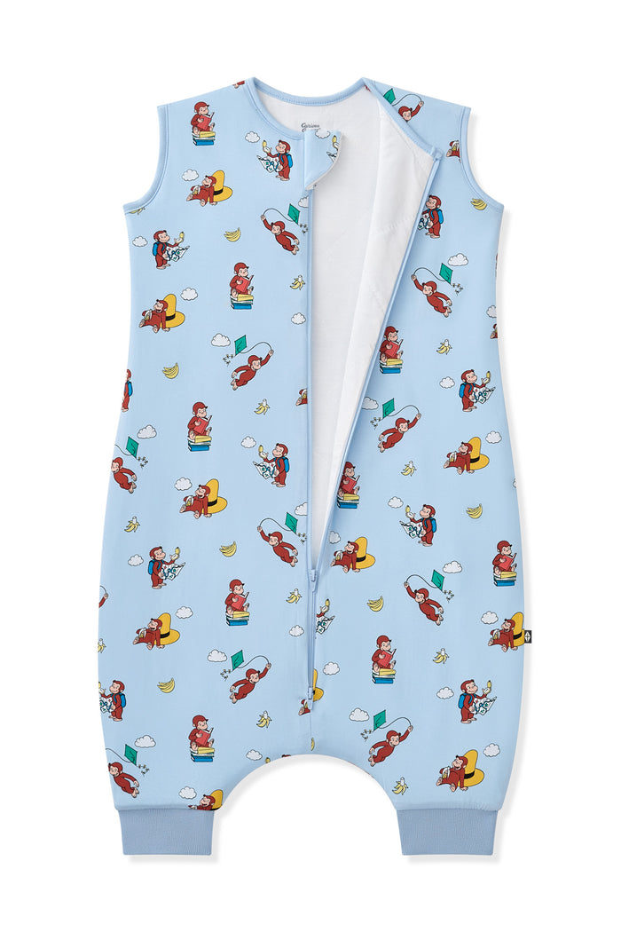 Blue Sleep Bag Walker in Curious George 1.0 print with zipper garage on a white background