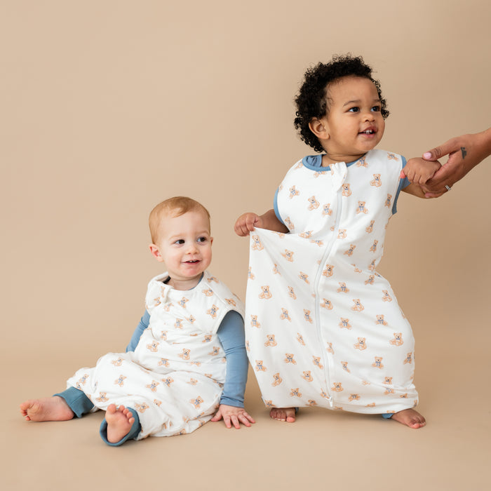 2 toddlers wearing Sleep Bag Walker in Teddy Bear 0.5 and 1.0