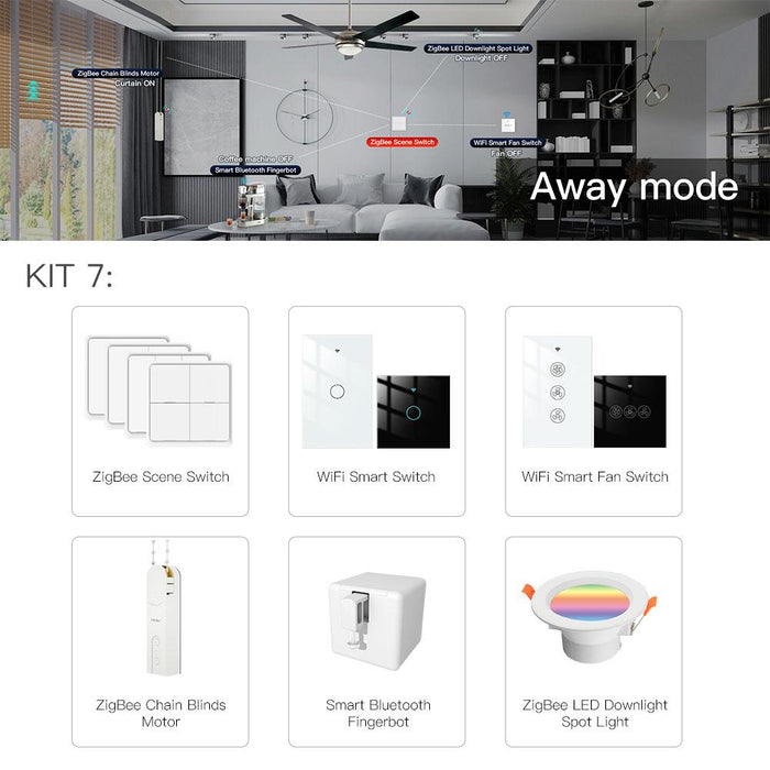 KIT 7=ZigBee Scene Switch*2+WiFi Smart Switch*2+Smart Fan Switch*1+ZigBee Chain Blinds Motor*1+Smart Bluetooth Finger Bot*1+ZigBee Smart Downlight*1