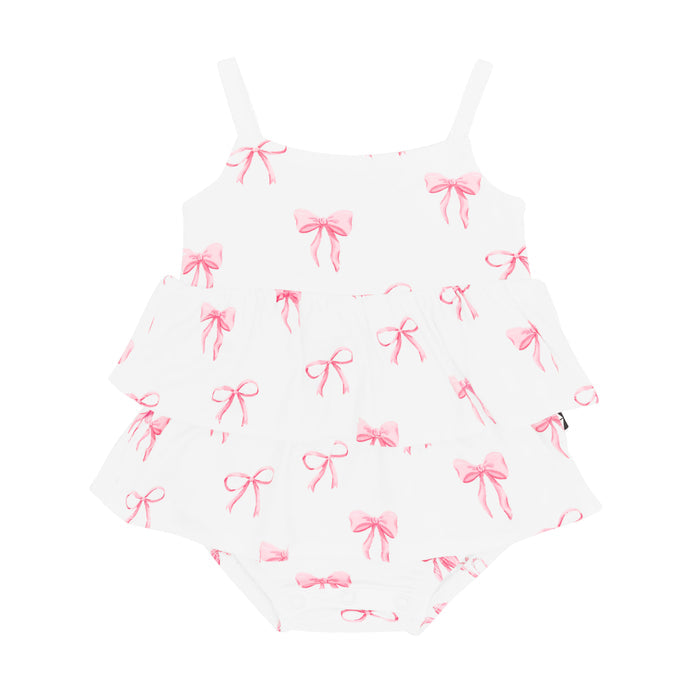 Kyte Baby's Spaghetti Strap Ruffle Romper in Bow