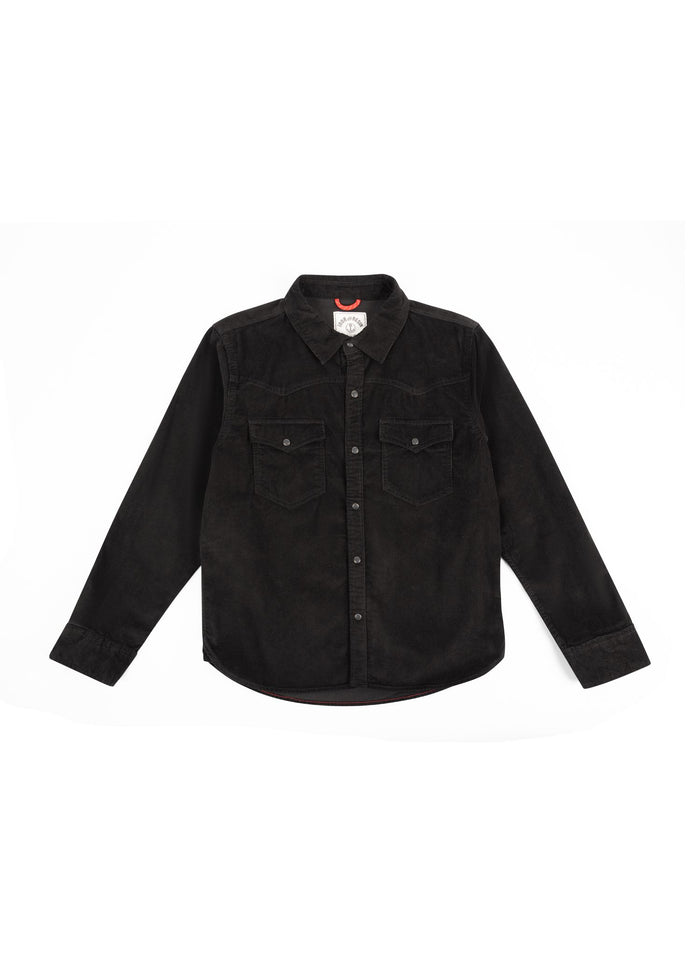 Black corduroy shirt with button-up front and two chest pockets, laid flat on a white background, showcasing casual style.