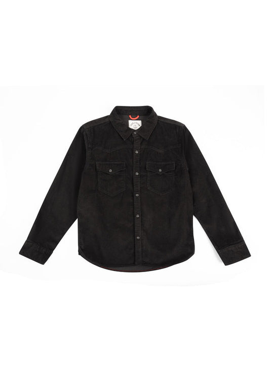 Black corduroy shirt with button-up front and two chest pockets, laid flat on a white background, showcasing casual style.
