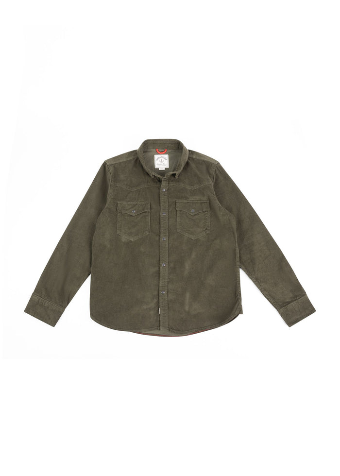 Olive green corduroy shirt with button front, two chest pockets, and a collar, displayed flat on a white background.