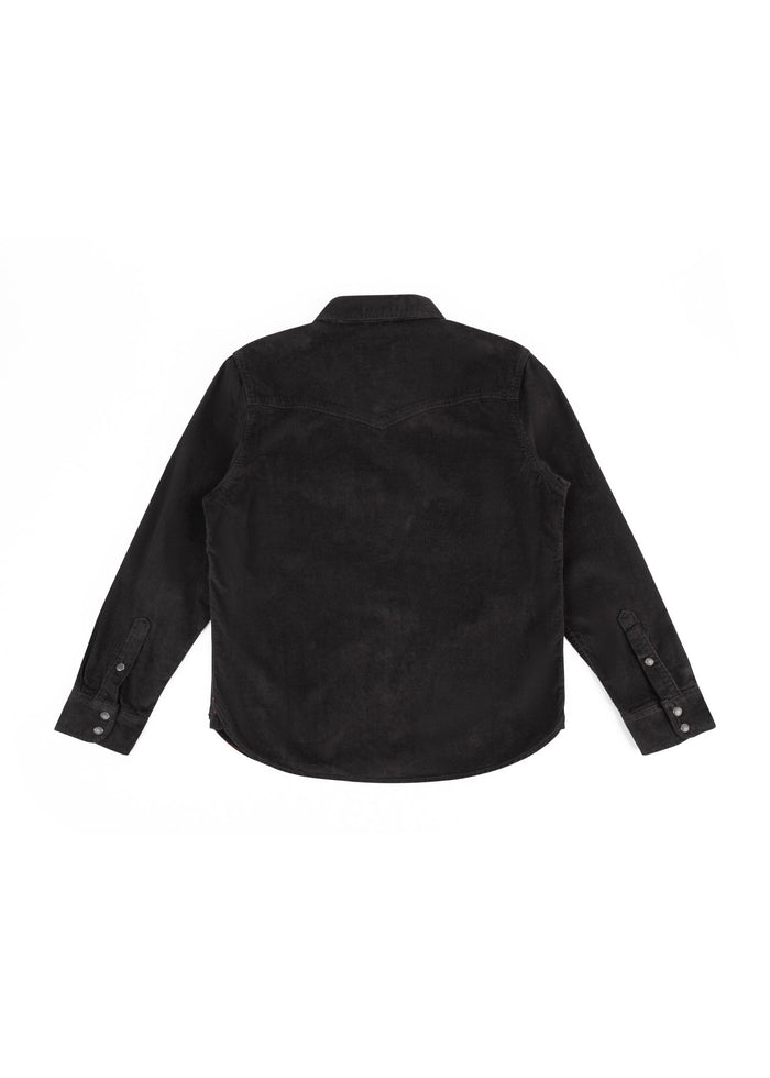 Black suede shirt with long sleeves, buttoned cuffs, and a pointed collar, displayed on a white background, back view.