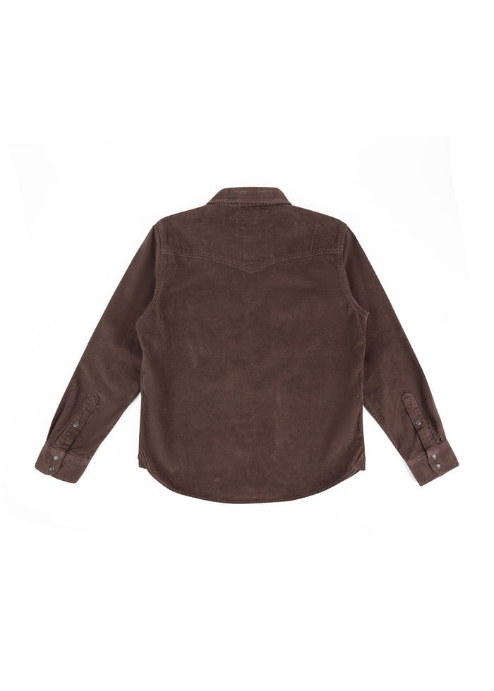 Brown corduroy shirt viewed from the back, featuring long sleeves and buttoned cuffs, set against a plain white background.