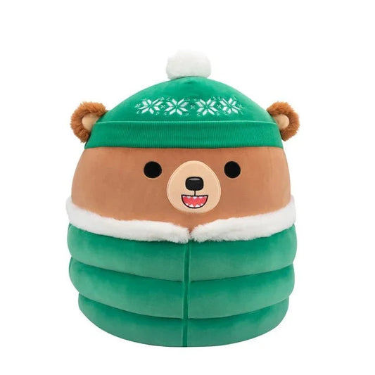 Squishmallow 8 Inch Stokely the Bear with Green Puffer Jacket Christmas Plush Toy - Owl & Goose Gifts