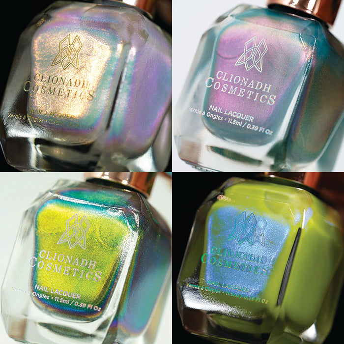 Collage of macro shots of the Stained Glass Collection (5) Nail Lacquer bottles.