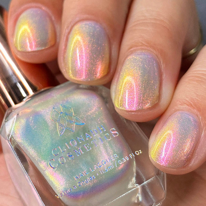 Low angled shot of nails done with Lightfast Nail Lacquer on fair skin tone.