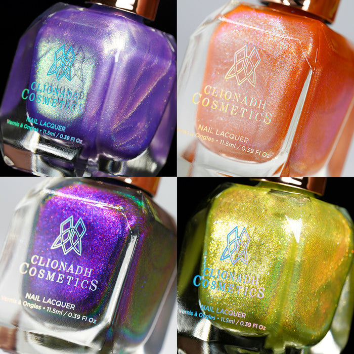 Collage of four close-up nail polish bottles from the Stained Glass Nail Lacquer Bundle (6) on a black background.