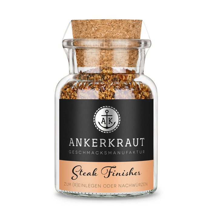 Steak Gewürz von Ankerkraut im Korkenglas auf weißem Hintergrund.
