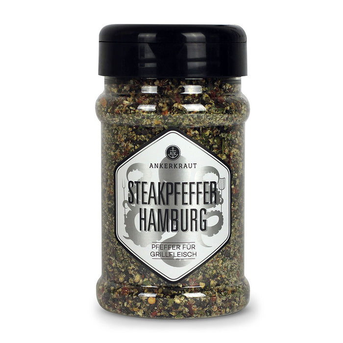 Ankerkraut Steakpfeffer Hamburg im Gewürzstreuer vor weißem Hintergrund.