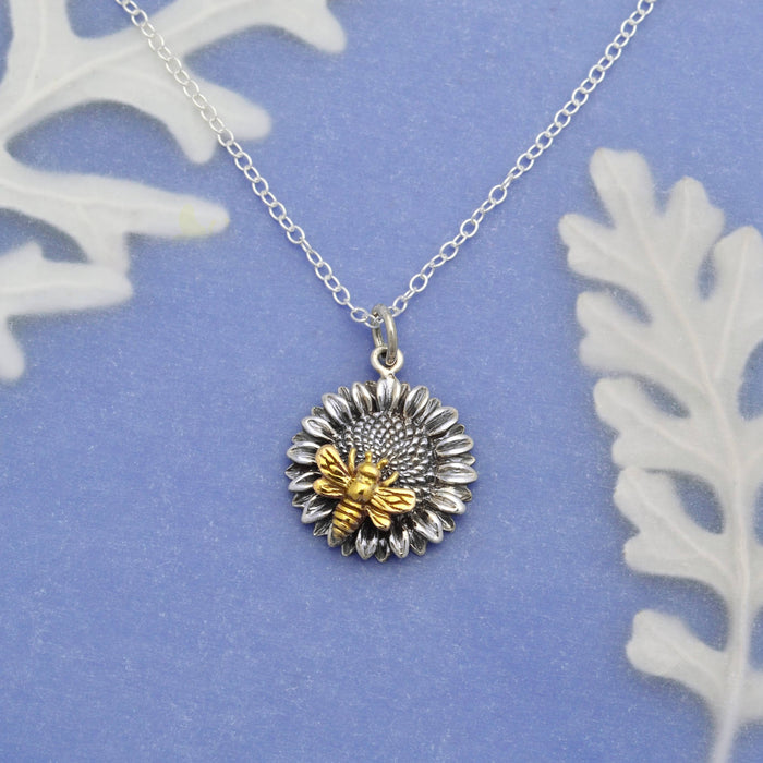 Sterling Silver 18 Inch Sunflower Necklace with Bronze Bee