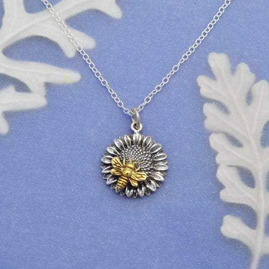 Sterling Silver 18 Inch Sunflower Necklace with Bronze Bee