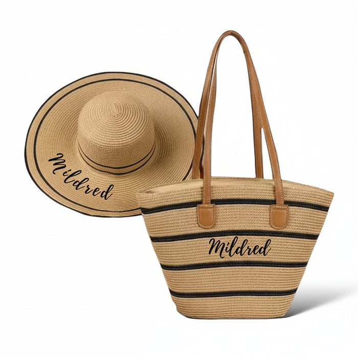 A set of a straw bag and hat with embroidered text 'Mildred' on them, both items are beige with black stripes.