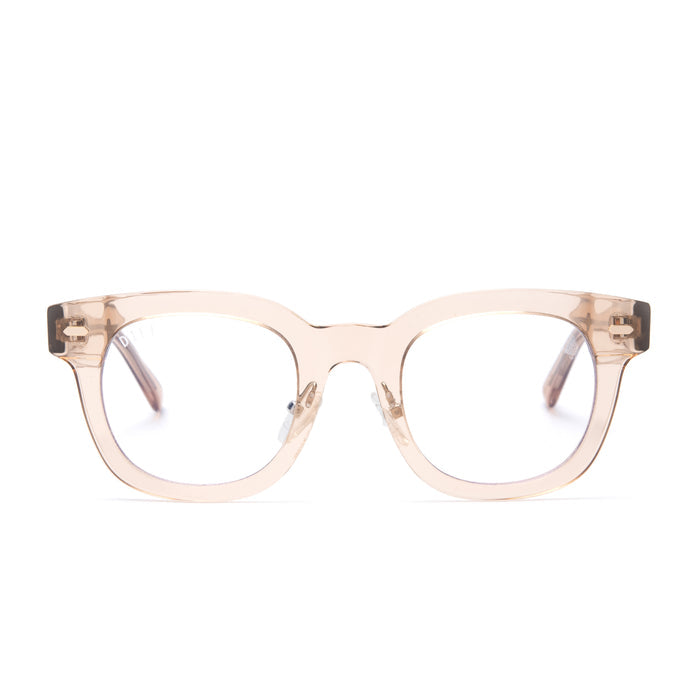 diff eyewear summer square glasses with a vintage crystal acetate frame and prescription lenses front view