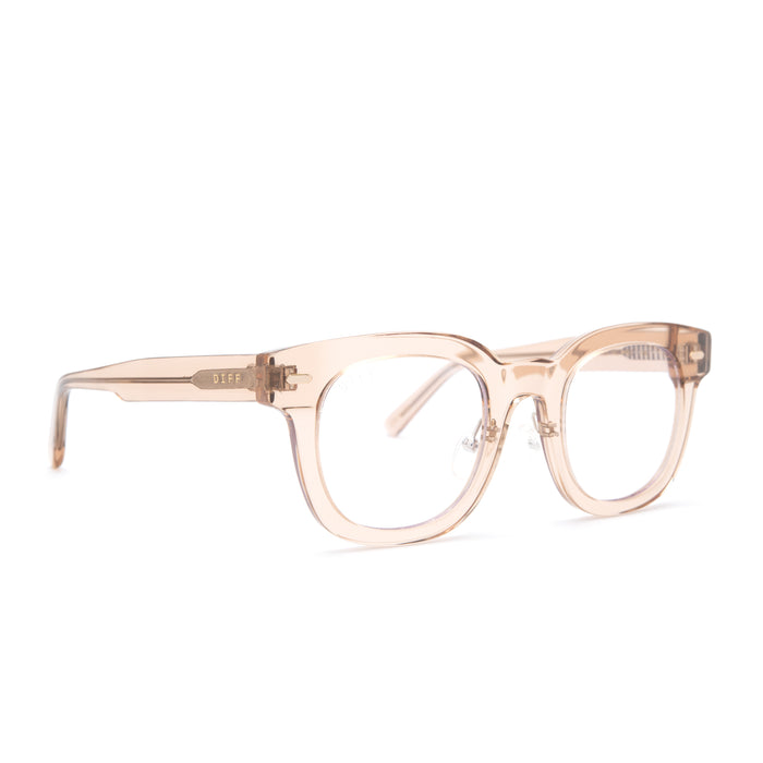 diff eyewear summer square glasses with a vintage crystal acetate frame and prescription lenses angled view