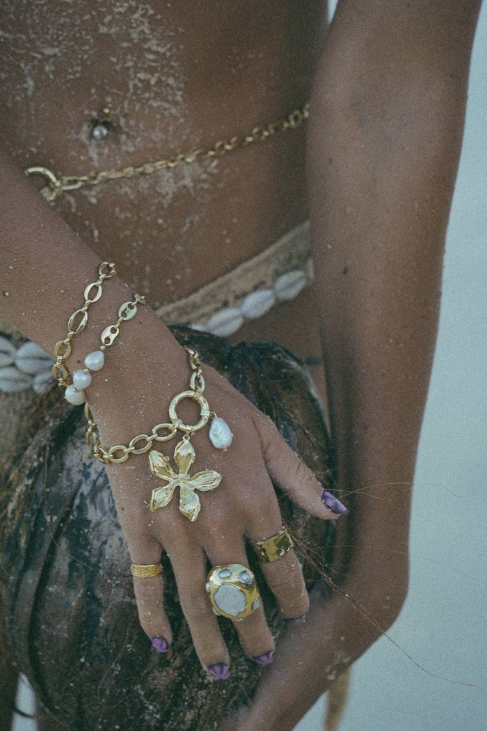 Statement gold Sunkissed Bracelet for summer layering jewellery look