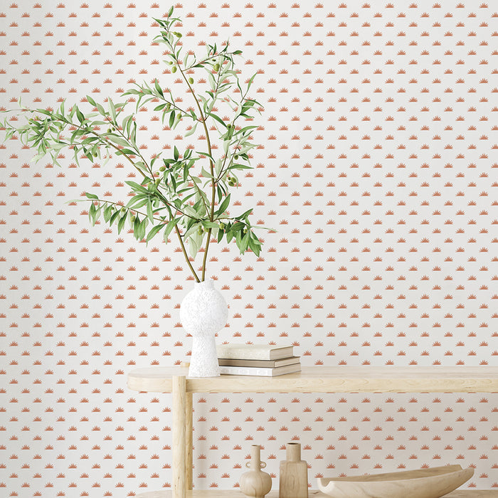 Wood shelves with a plant on top and Tempaper's Sunbeam Peel And Stick Wallpaper.