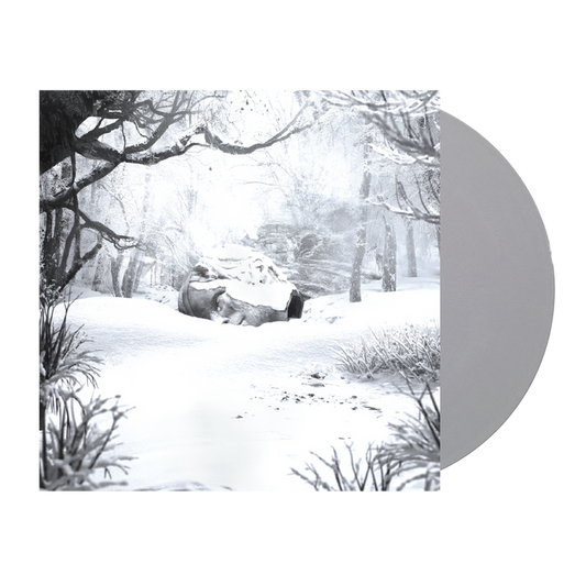 Snow-covered winter forest scene with bare trees and a rock formation.