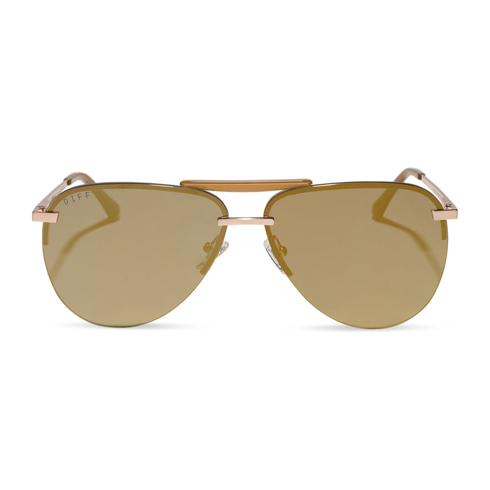 Tahoe sunglasses with brushed gold frames and gold mirror lens front view