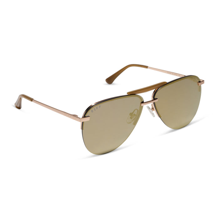 Tahoe sunglasses with brushed gold frames and gold mirror lens angle view