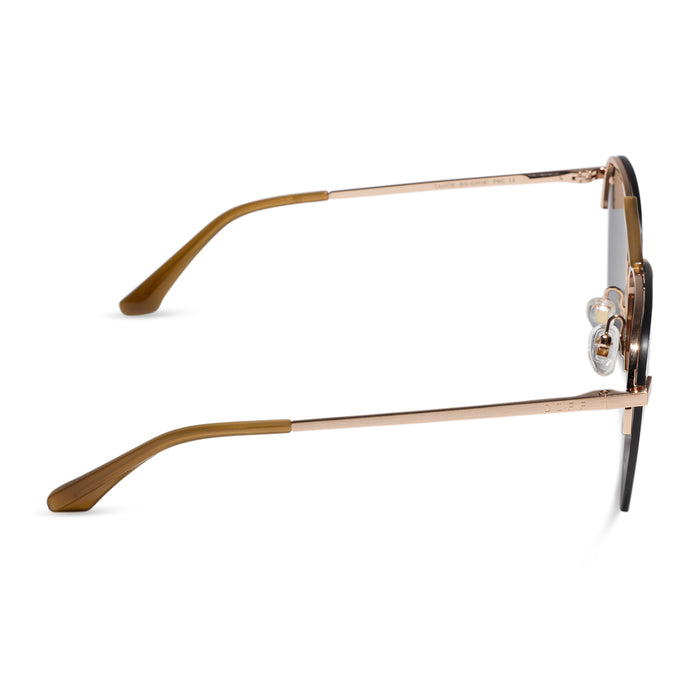 Tahoe sunglasses with brushed gold frames and gold mirror lens side view