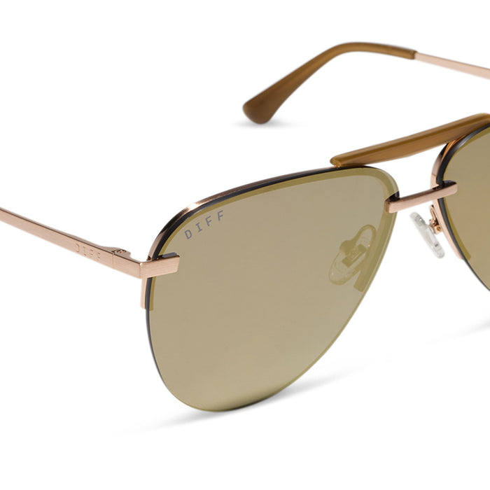Tahoe sunglasses with brushed gold frames and gold mirror lens detailed view